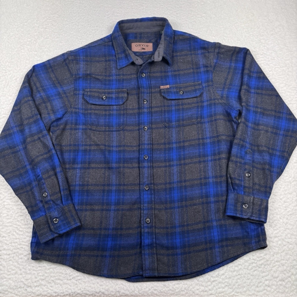 Orvis Heavy Flannel Shirt Men's XL Blue Gray Plaid‎ Pockets Cotton Blend Outdoor